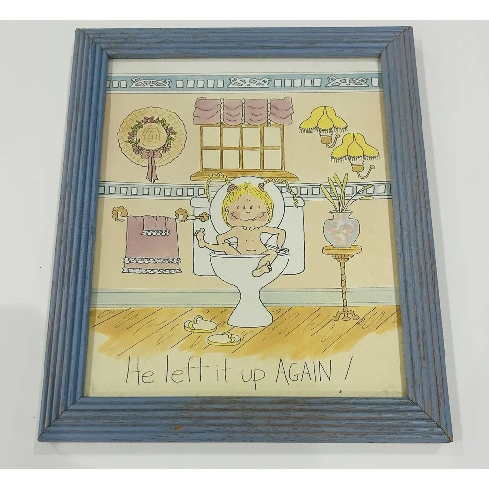 Vintage Decor Boys Bathroom Art Humor Sign Picture Funny 80s Wooden Framed